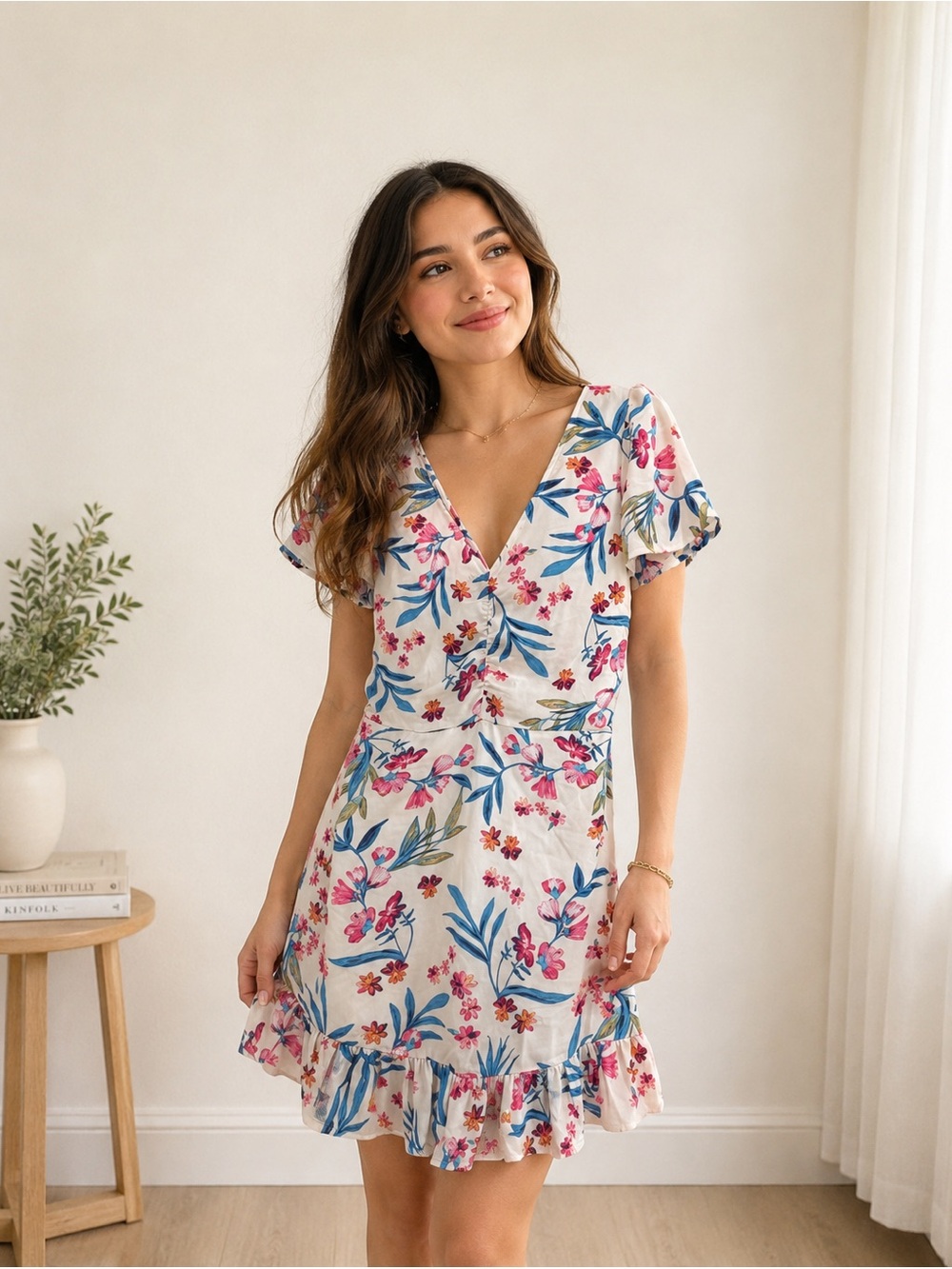 Urban Girl Women’s Floral Ruffle Hem Dress Size M Pink Blue White